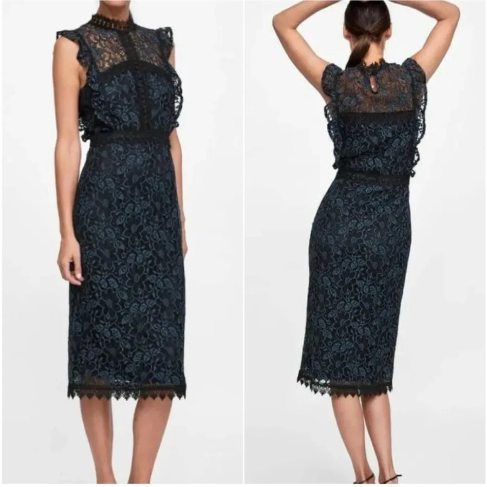 Zara Contrasting Black/Teal Sleeveless Lace Ruffled Midi Shift Dress